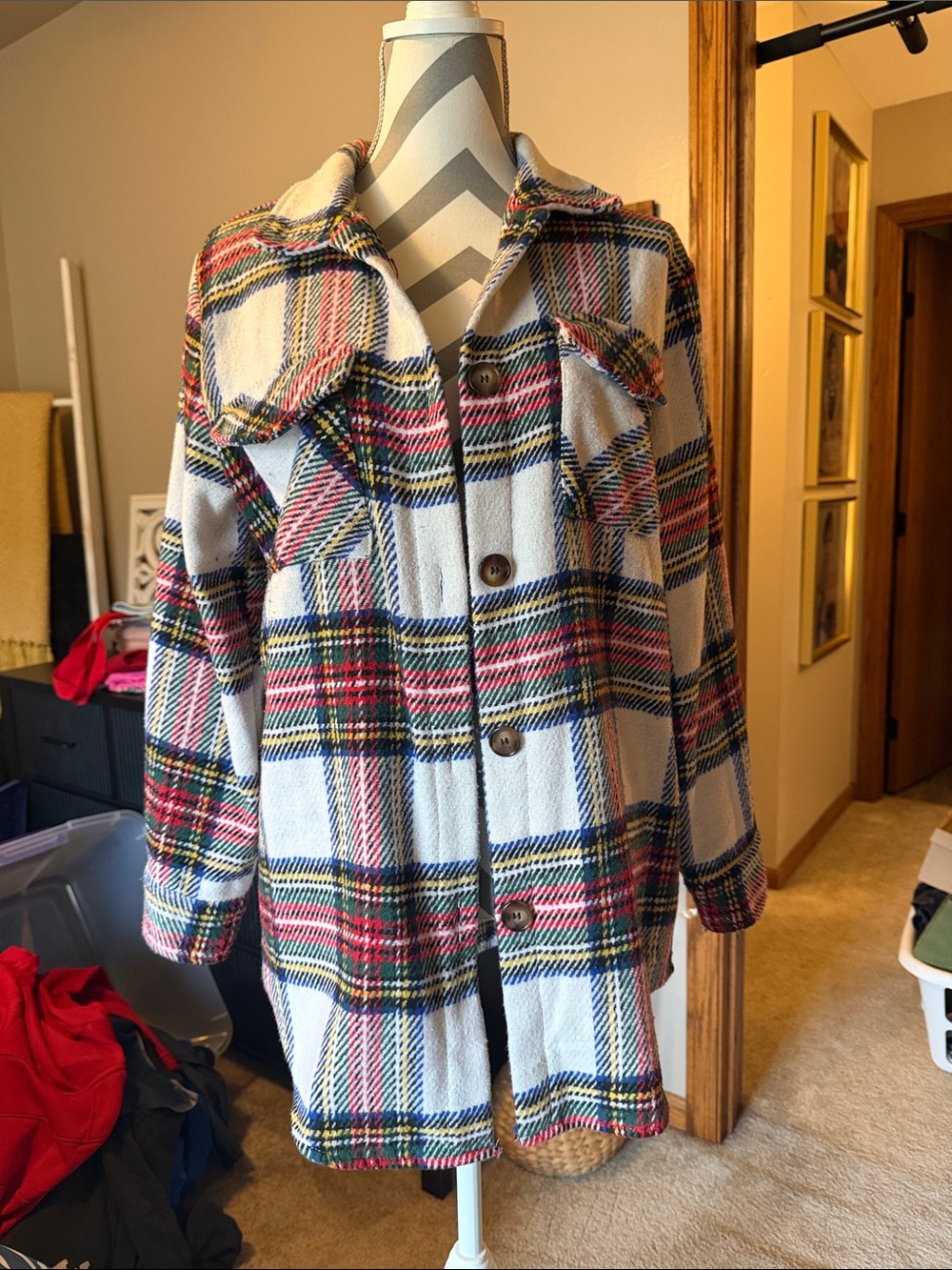 Magnolia Plaid Trench Coat in Cream, Red & Navy